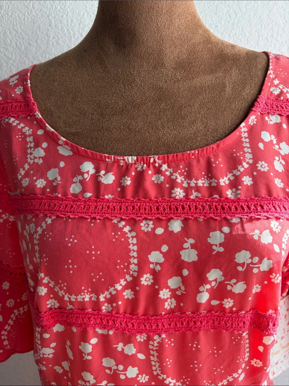 NWT Vintage Free People Mini Dress Coral Floral Sz 8 Ruffle-Sleeve MSRP $128
